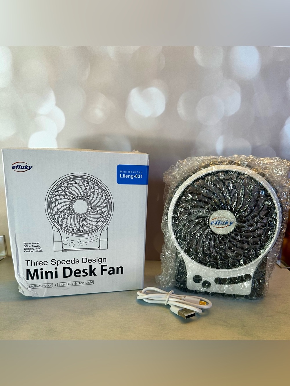 efluky Mini Desk Fan 3-Speed USB Rechargeable New (Damaged Box)